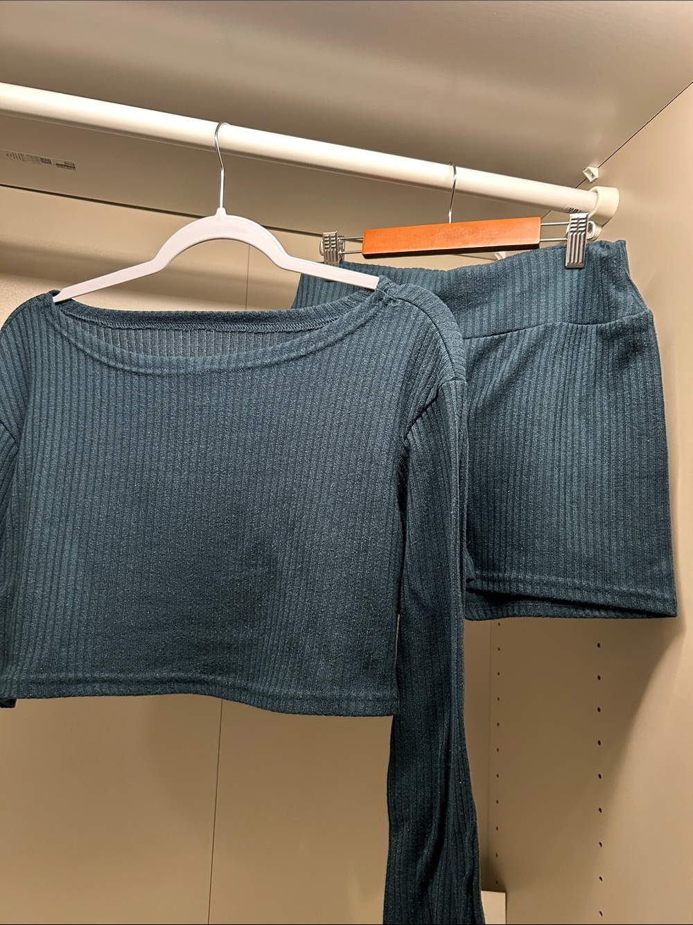 SHEIN Deep Teal Ribbed Knit Long Sleeve Crop Top & Matching shorts